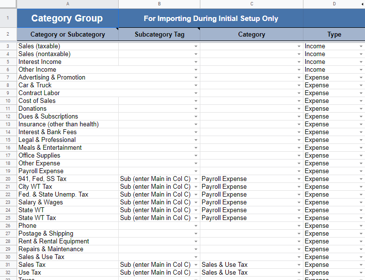 Bookkeeping spreadsheet for small business