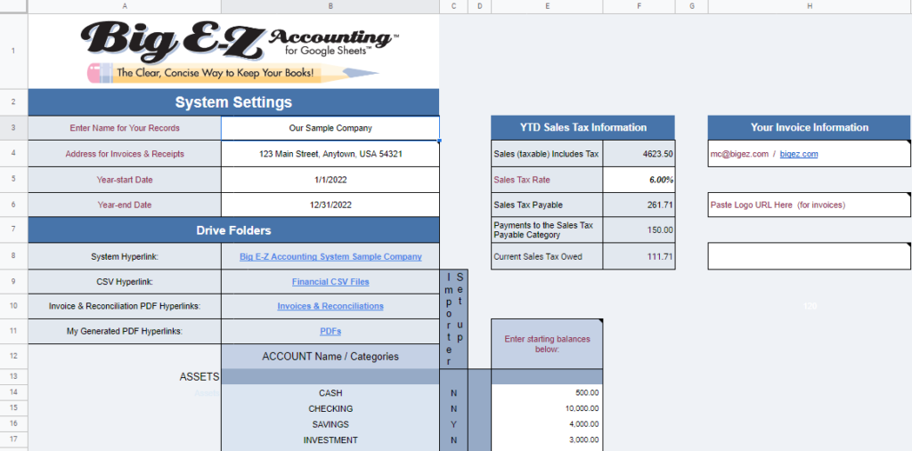 Settings for Big E-Z Accounting software